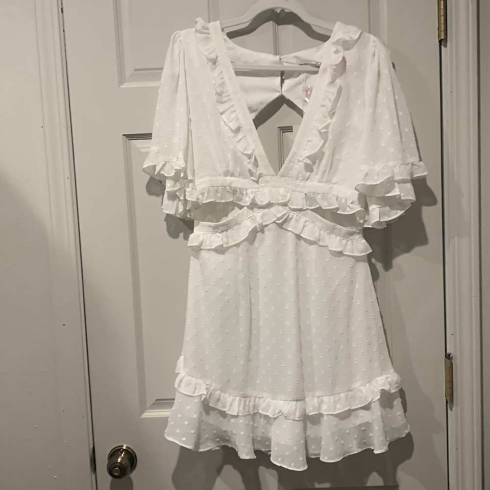 White mini ruffle dress. Great for brides!Size L AU 12. Never worn with tags